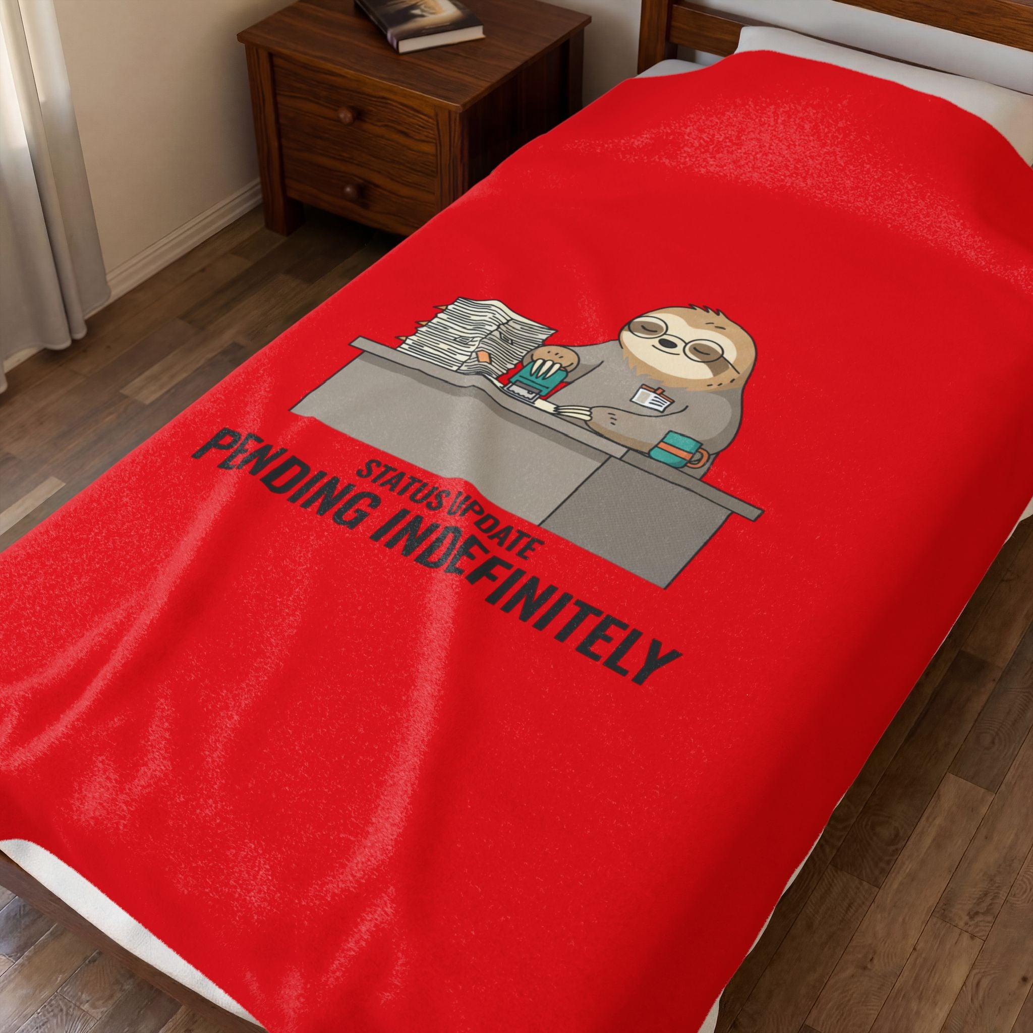 Pending Indefinitely Sloth Desk Illustration Velveteen Plush Red Blanket | Unhinged Animal Bureaucracy