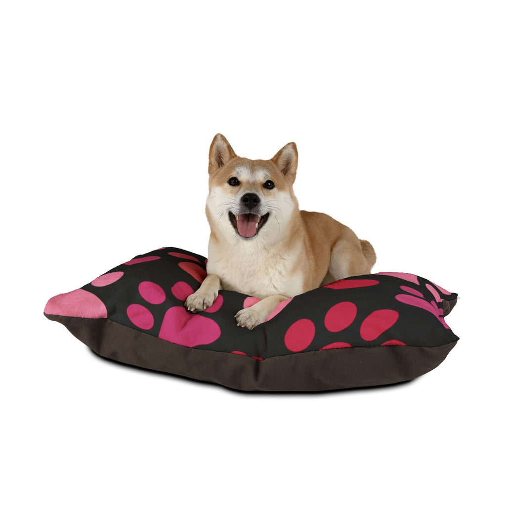 Heart Paw Pet Bed — Cozy Black Plush Dog & Cat Cushion with Pink Paw Print Design