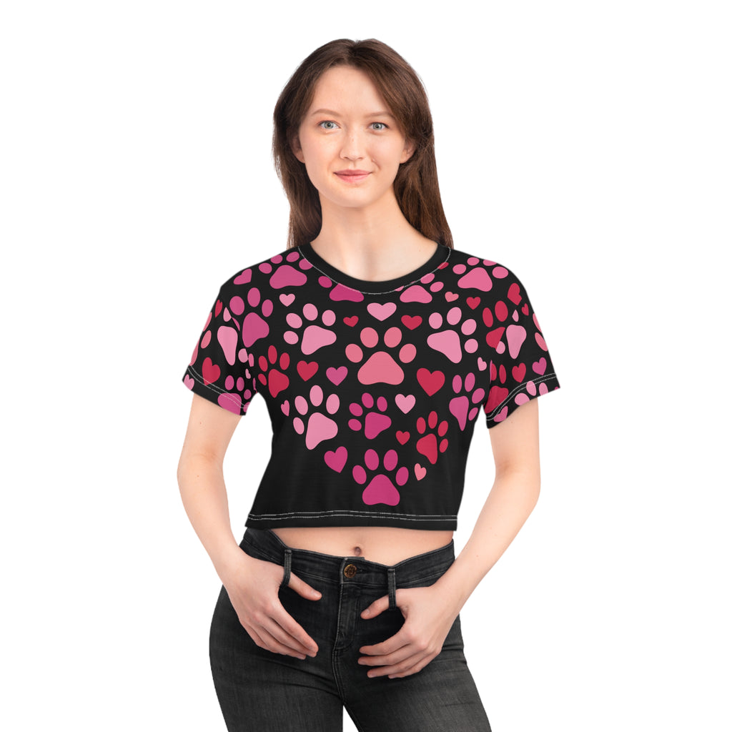 Paw Print Heart Crop Tee — Pink Pet Lover AOP Top