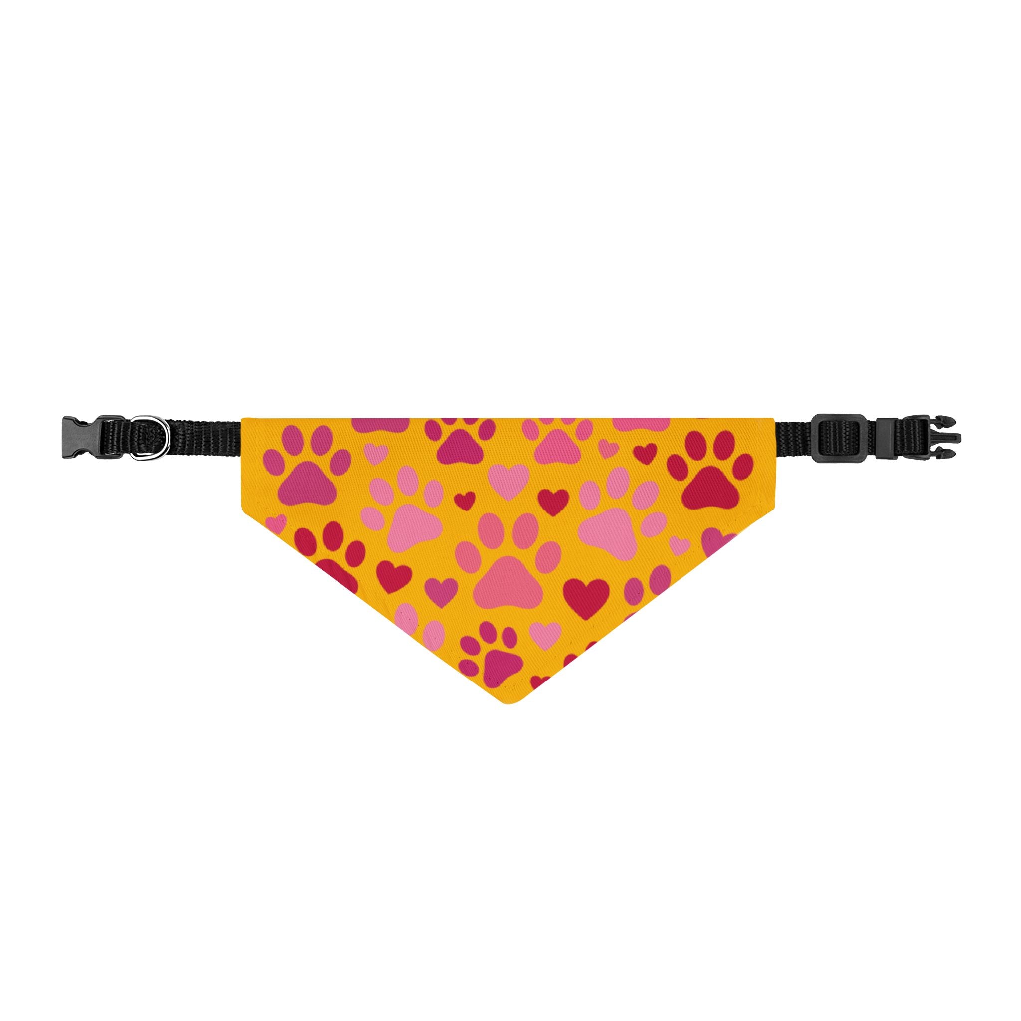Clip-On Pet Bandana — Pink Paw & Heart Pattern on Yellow