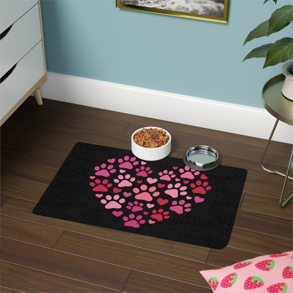 Heart Paw Print Pet Food Mat — 12x18 Spill-Resistant Feeding Mat for Dogs & Cats