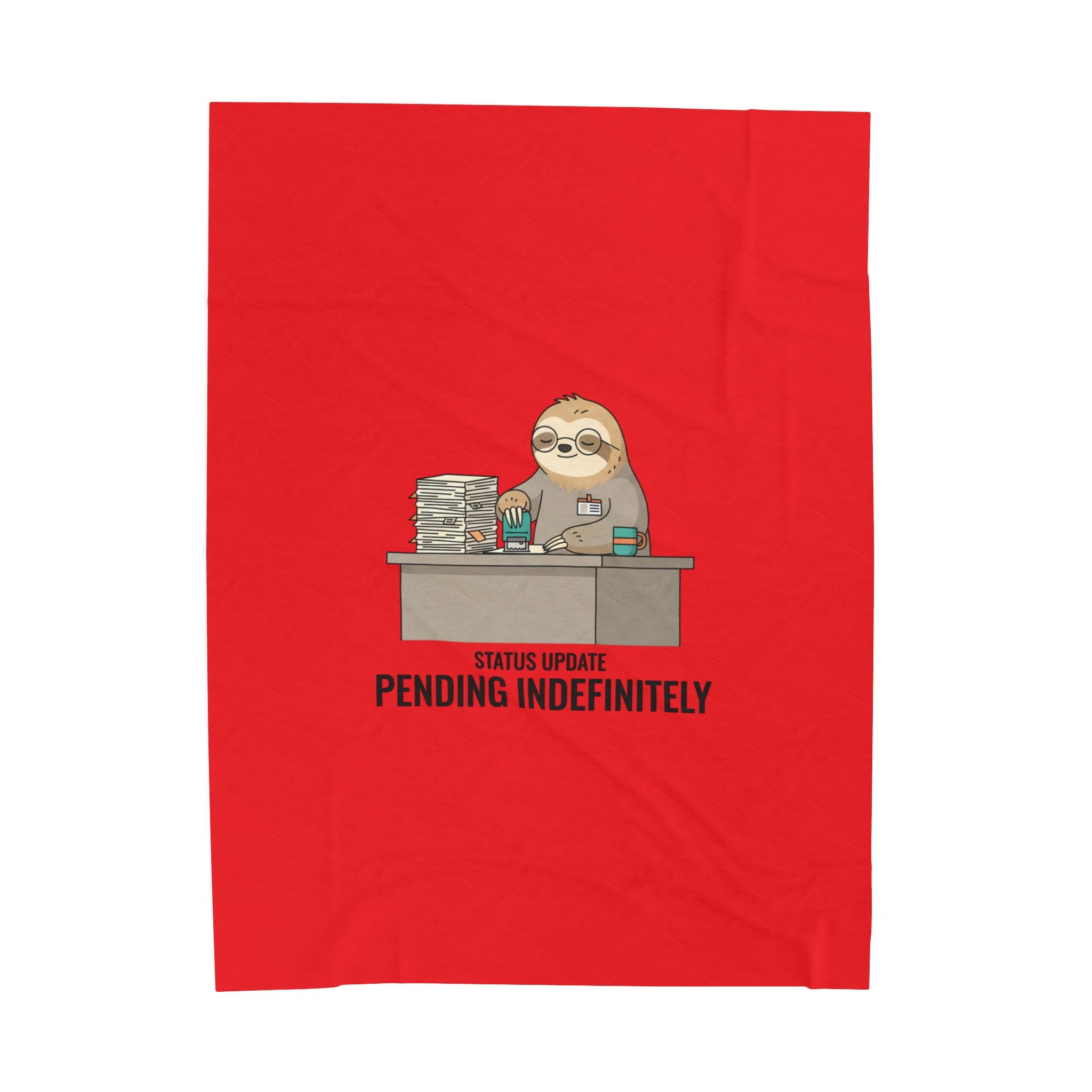Pending Indefinitely Sloth Desk Illustration Velveteen Plush Red Blanket | Unhinged Animal Bureaucracy