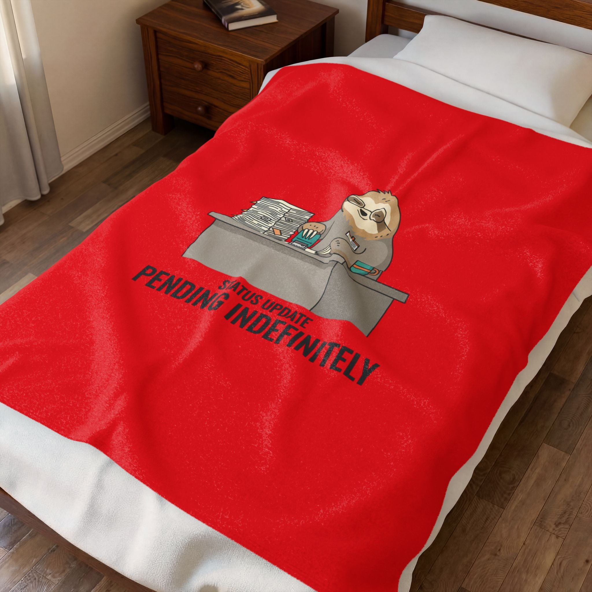 Pending Indefinitely Sloth Desk Illustration Velveteen Plush Red Blanket | Unhinged Animal Bureaucracy