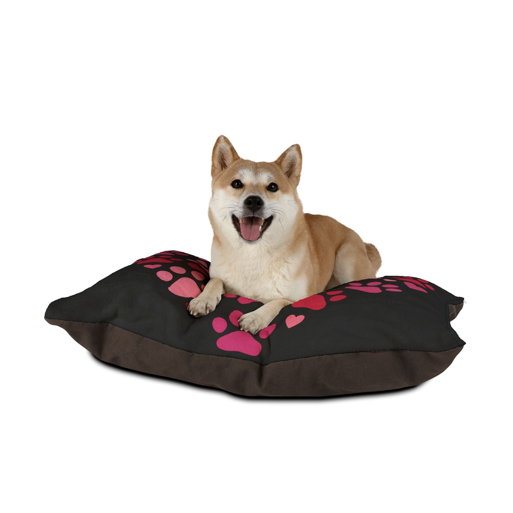 Heart Paw Pet Bed — Cozy Black Plush Dog & Cat Cushion with Pink Paw Print Design