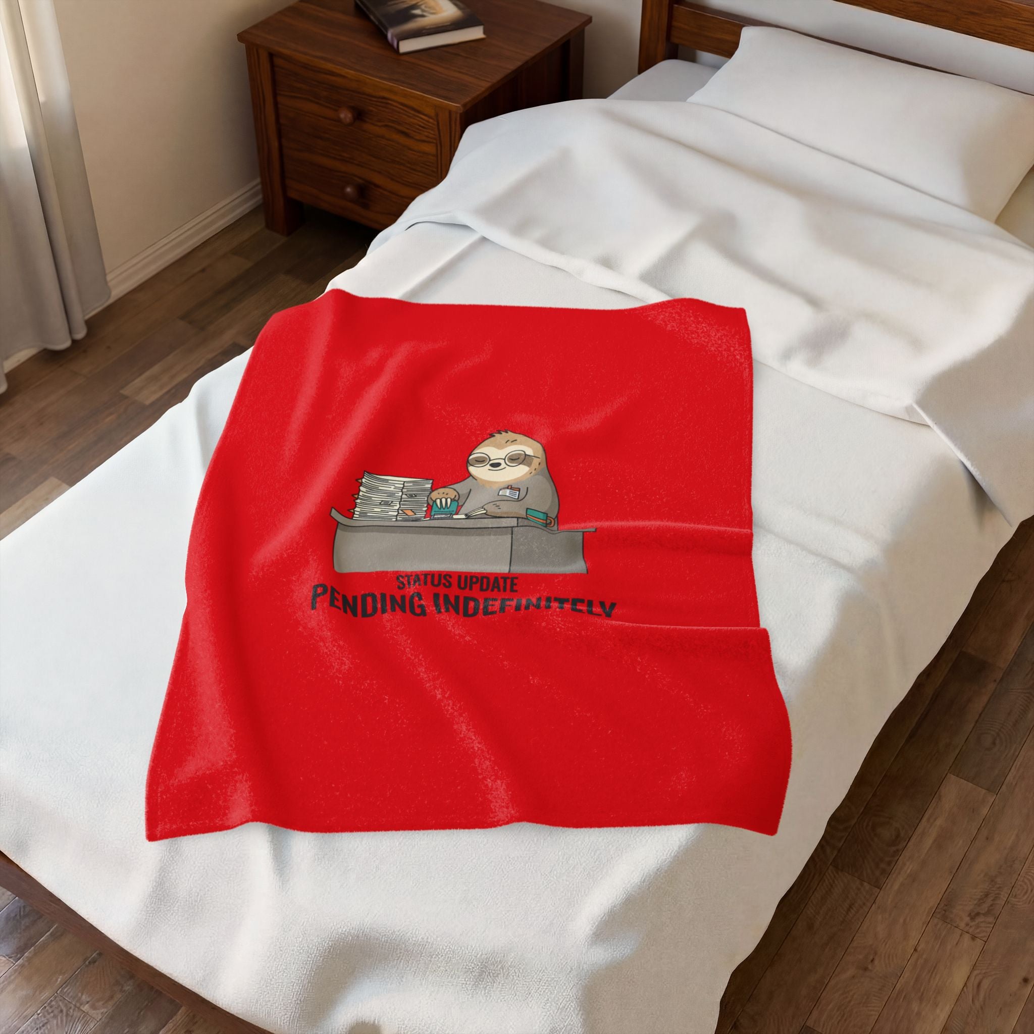 Pending Indefinitely Sloth Desk Illustration Velveteen Plush Red Blanket | Unhinged Animal Bureaucracy