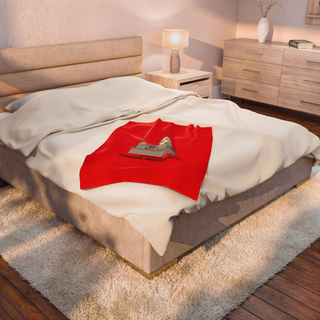 Pending Indefinitely Sloth Desk Illustration Velveteen Plush Red Blanket | Unhinged Animal Bureaucracy