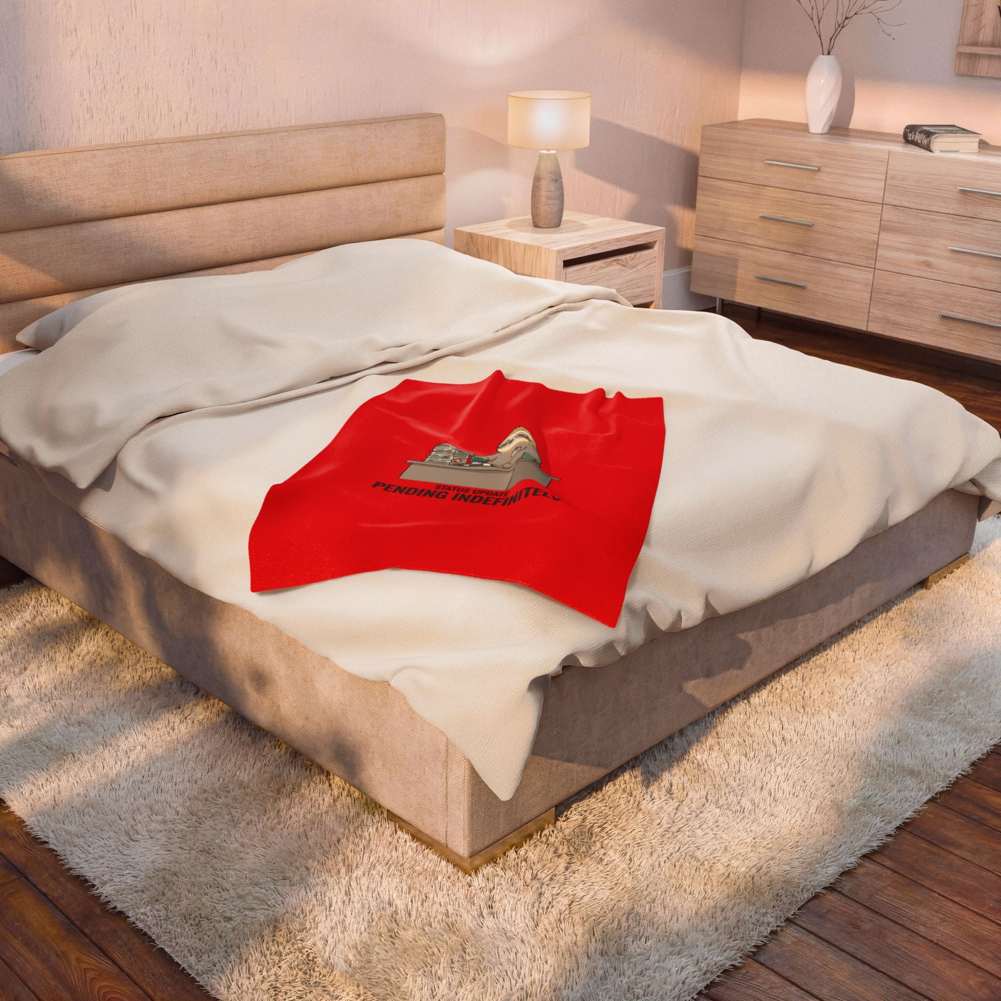Pending Indefinitely Sloth Desk Illustration Velveteen Plush Red Blanket | Unhinged Animal Bureaucracy