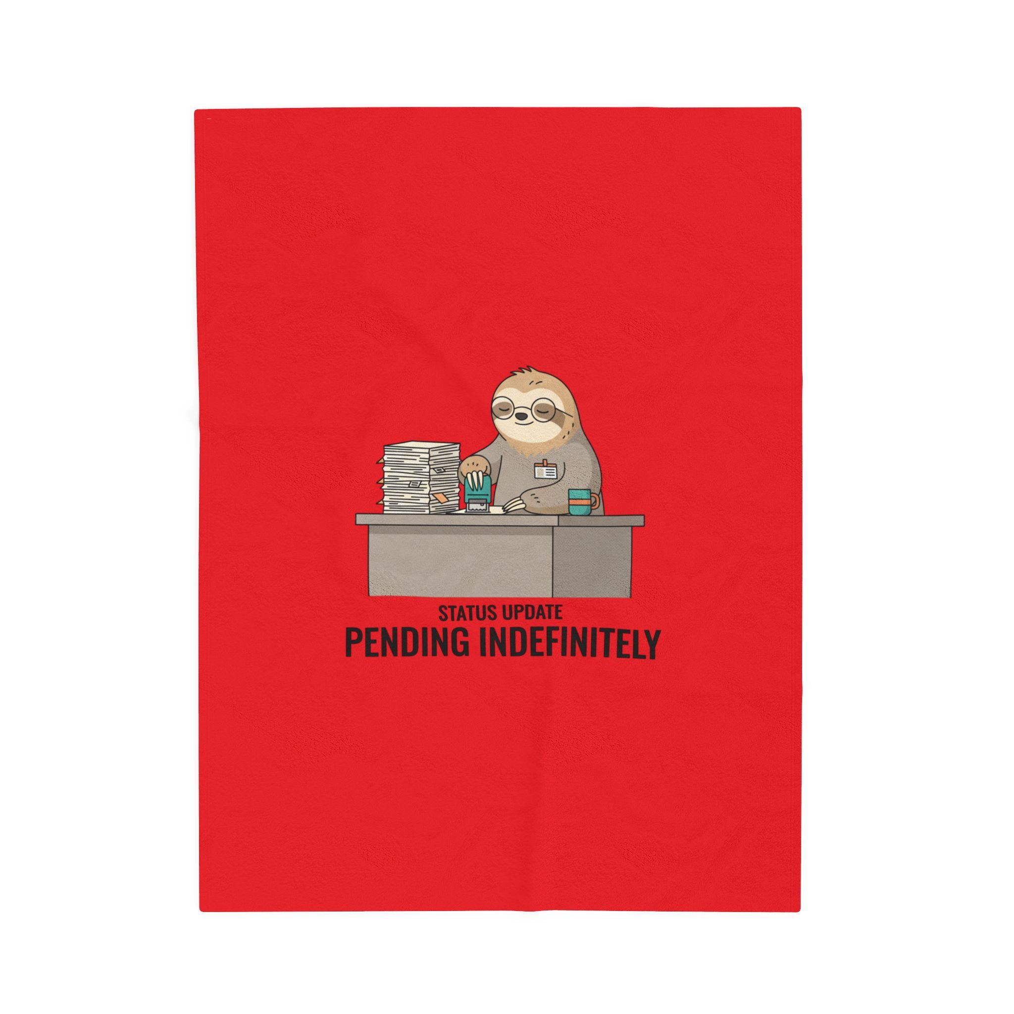 Pending Indefinitely Sloth Desk Illustration Velveteen Plush Red Blanket | Unhinged Animal Bureaucracy