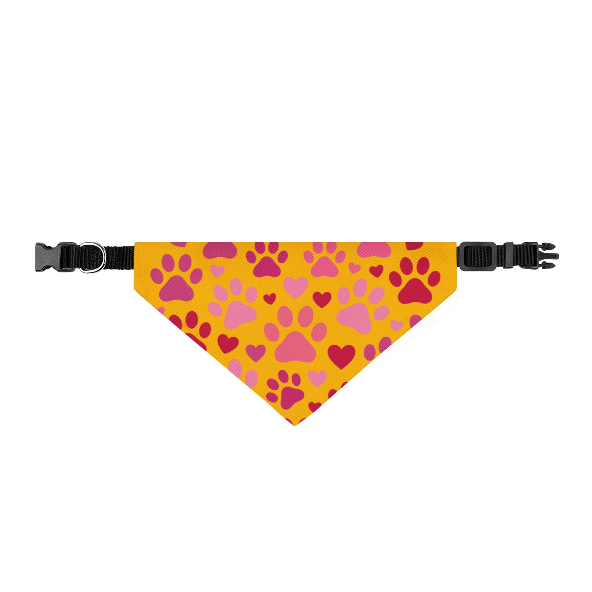 Clip-On Pet Bandana — Pink Paw & Heart Pattern on Yellow