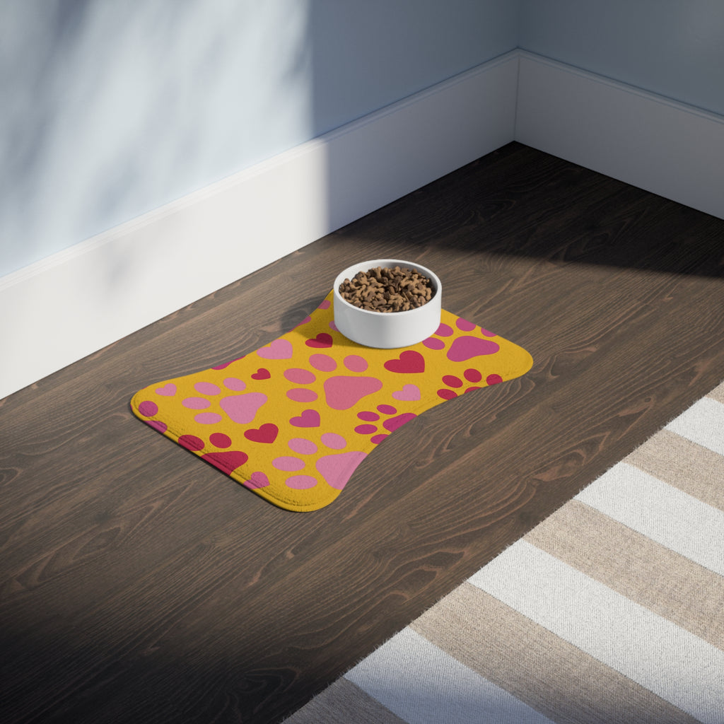 Heart Paw Pet Feeding Mat — Pink Valentine on yellow, Placemat for Dogs & Cats