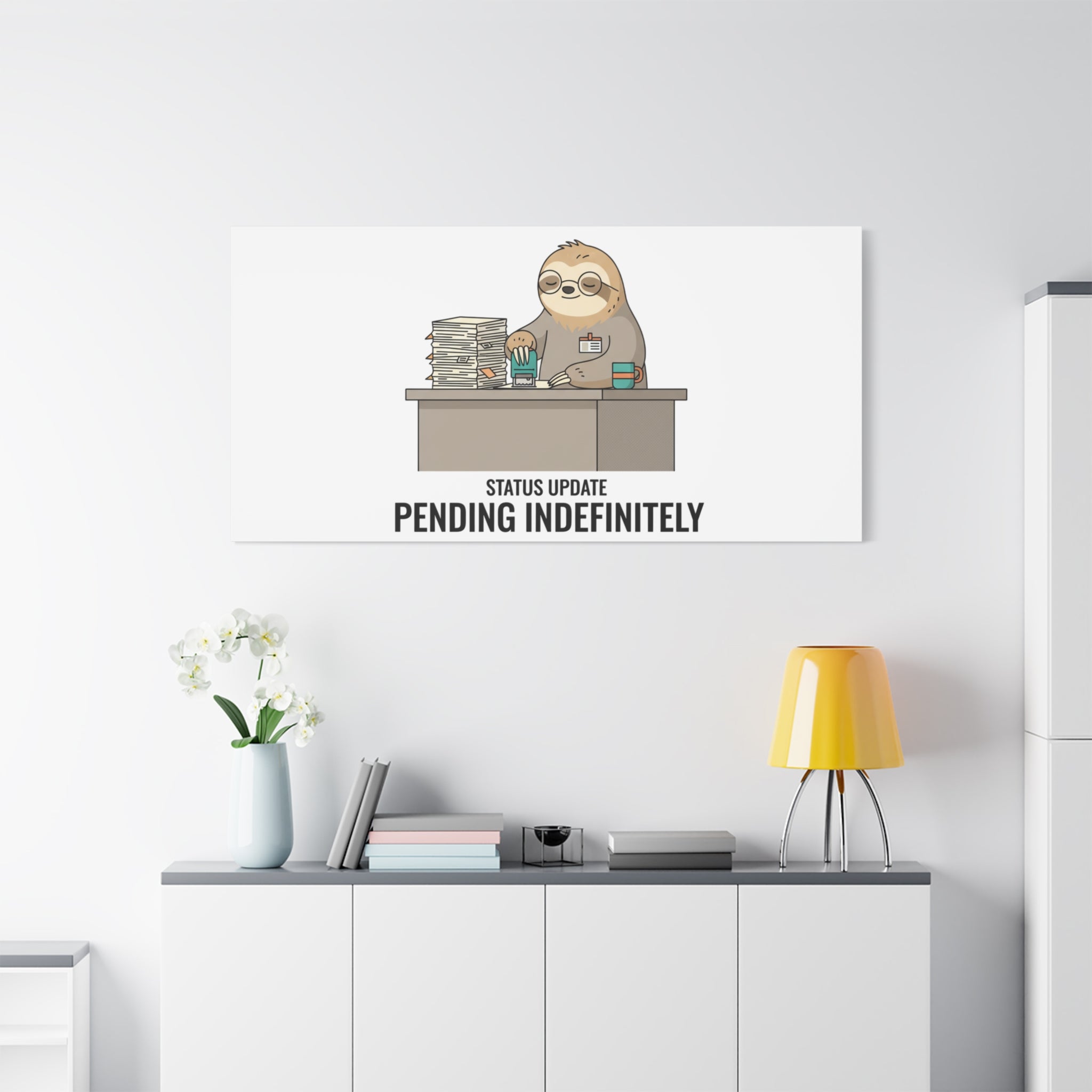 Status Update Pending Indefinitely Sloth Canvas | Unhinged Animal Bureaucracy