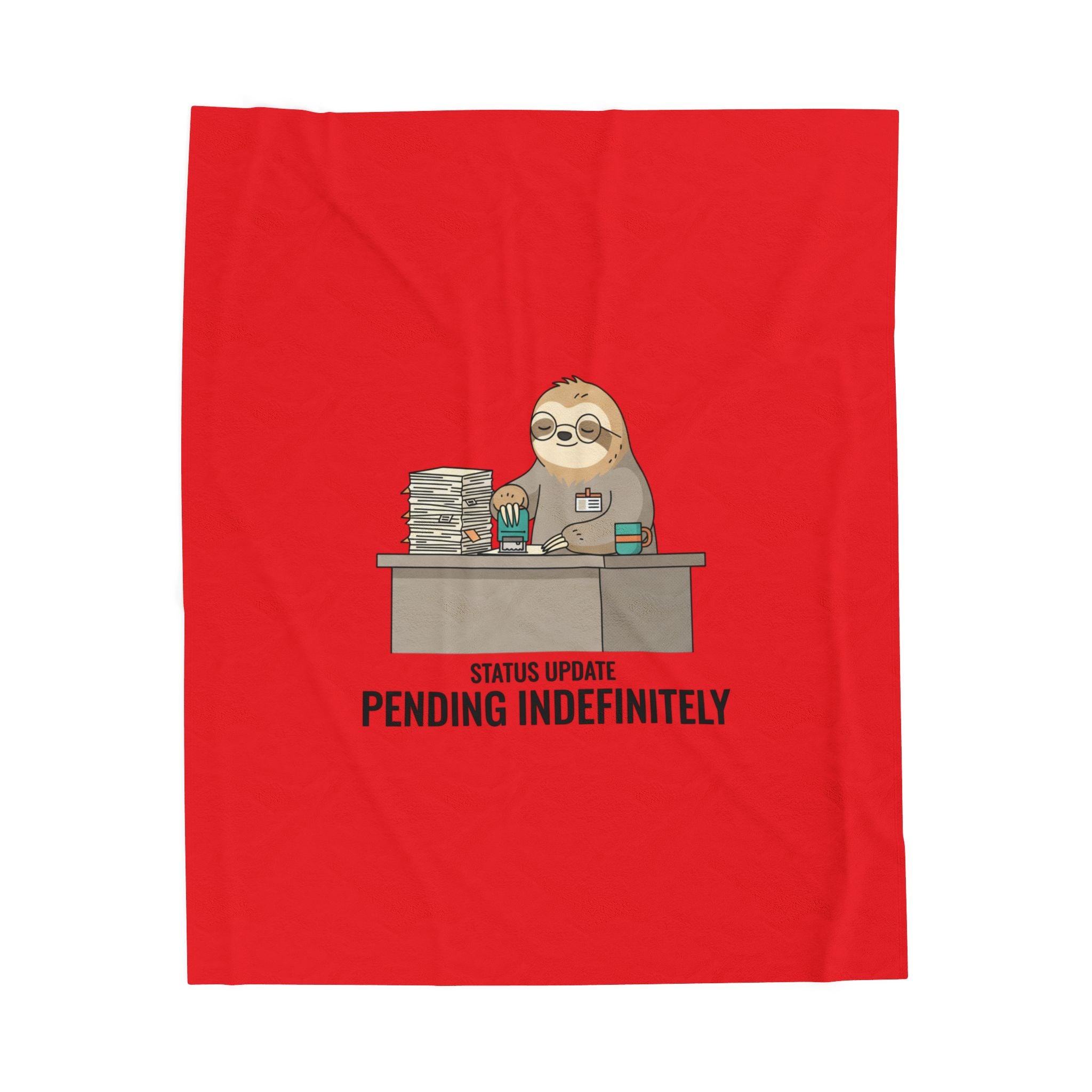 Pending Indefinitely Sloth Desk Illustration Velveteen Plush Red Blanket | Unhinged Animal Bureaucracy