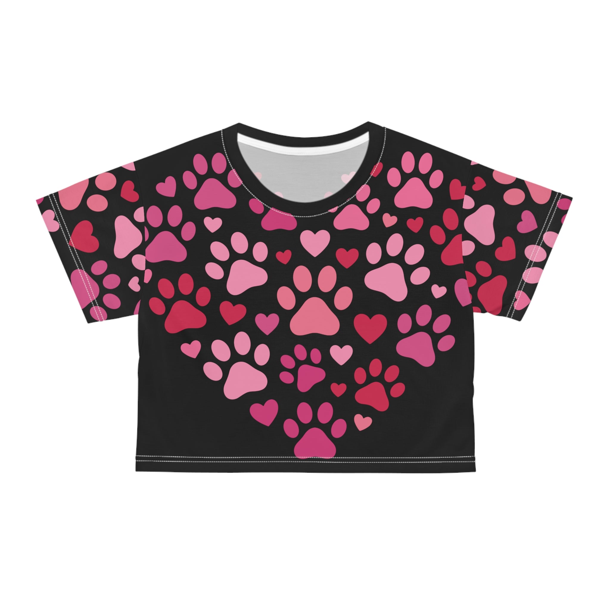 Paw Print Heart Crop Tee — Pink Pet Lover AOP Top