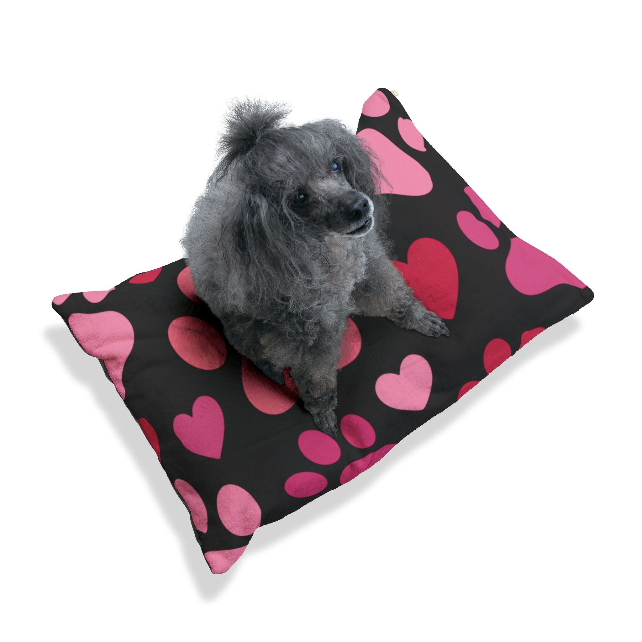 Heart Paw Pet Bed — Cozy Black Plush Dog & Cat Cushion with Pink Paw Print Design