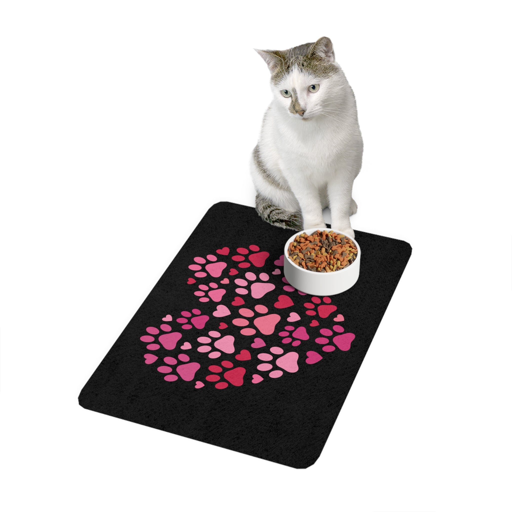 Heart Paw Print Pet Food Mat — 12x18 Spill-Resistant Feeding Mat for Dogs & Cats