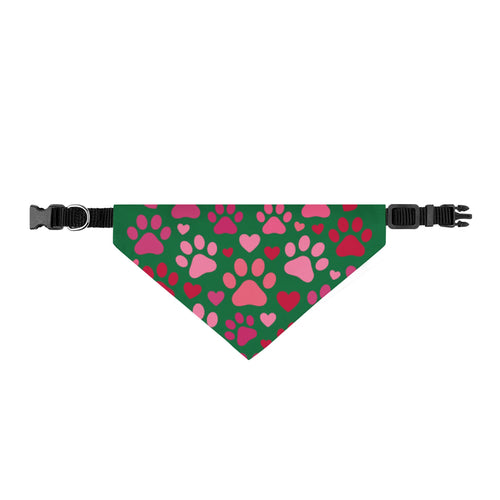 Clip-On Pet Bandana — Pink Paw & Heart Pattern on Green