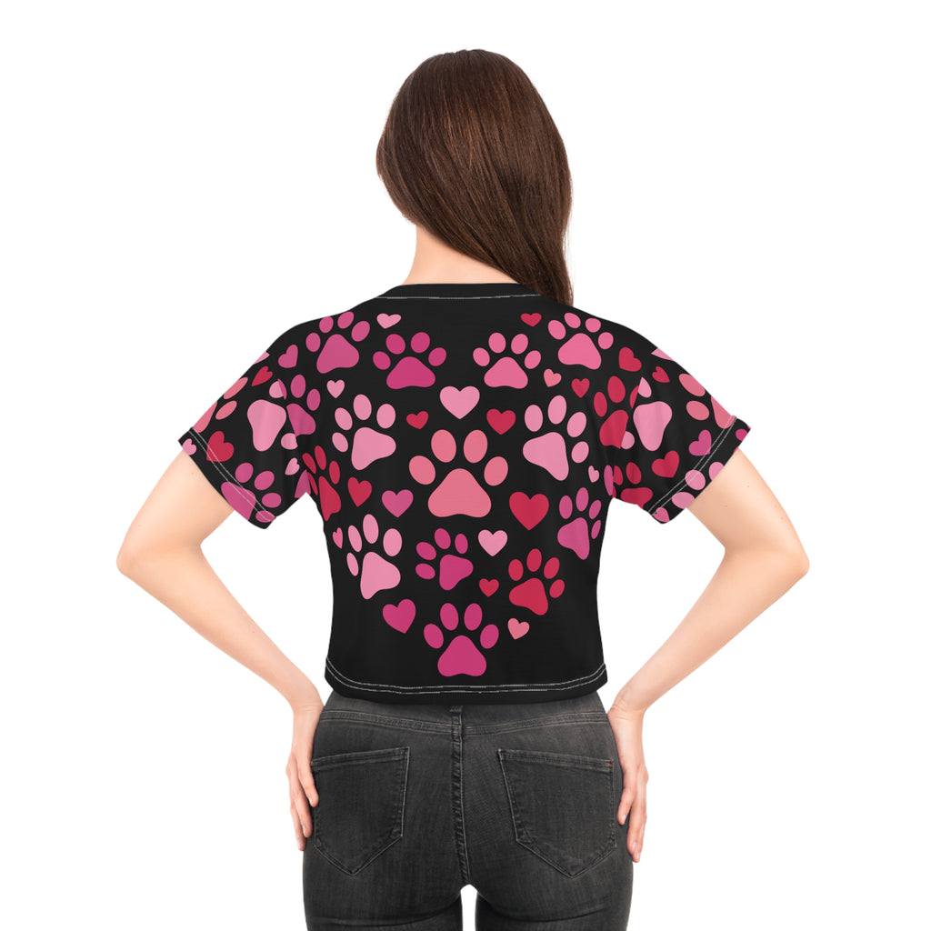 Paw Print Heart Crop Tee — Pink Pet Lover AOP Top