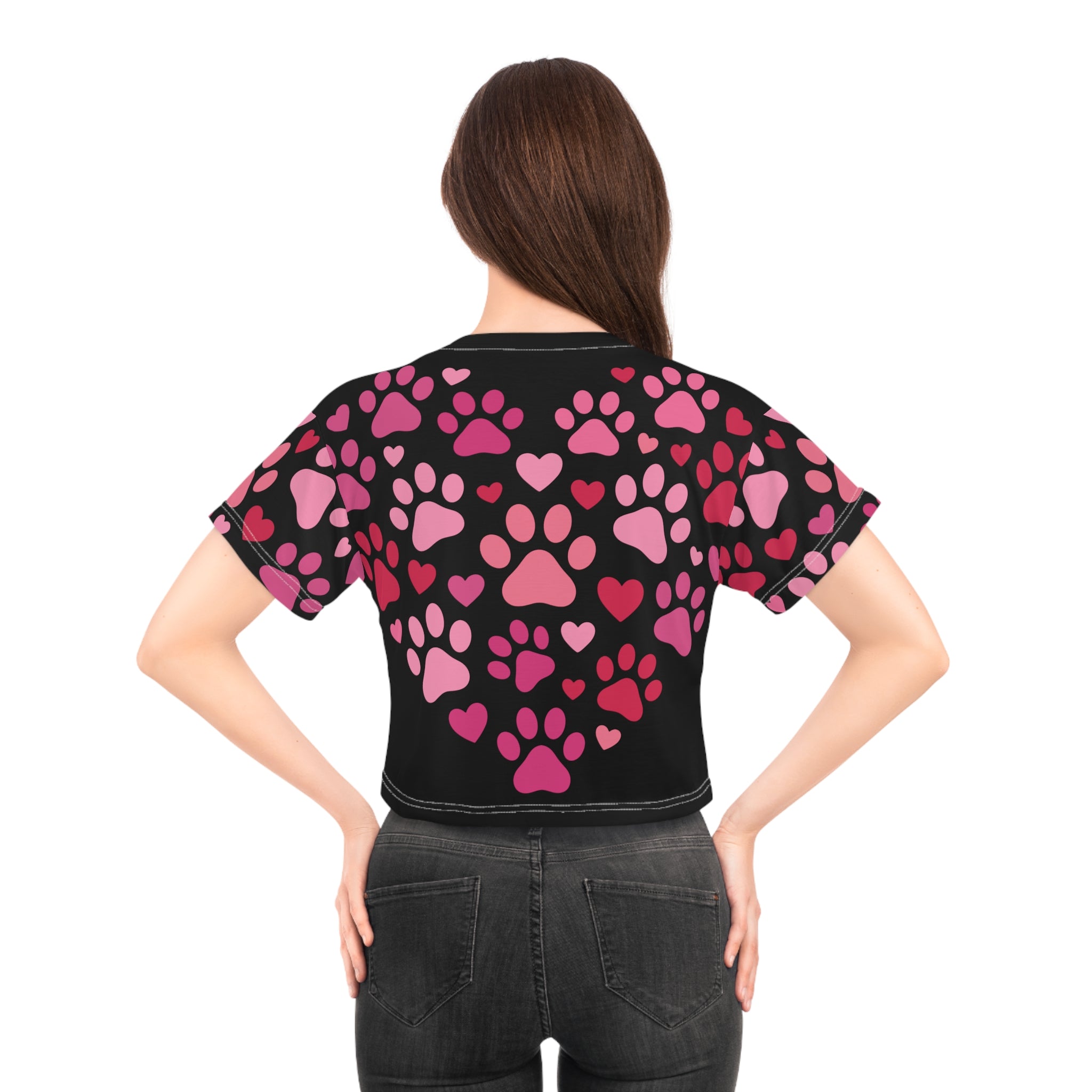 Paw Print Heart Crop Tee — Pink Pet Lover AOP Top