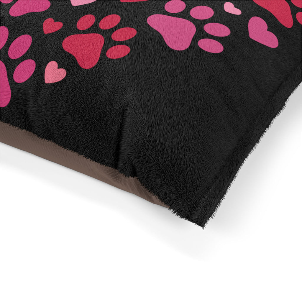 Heart Paw Pet Bed — Cozy Black Plush Dog & Cat Cushion with Pink Paw Print Design