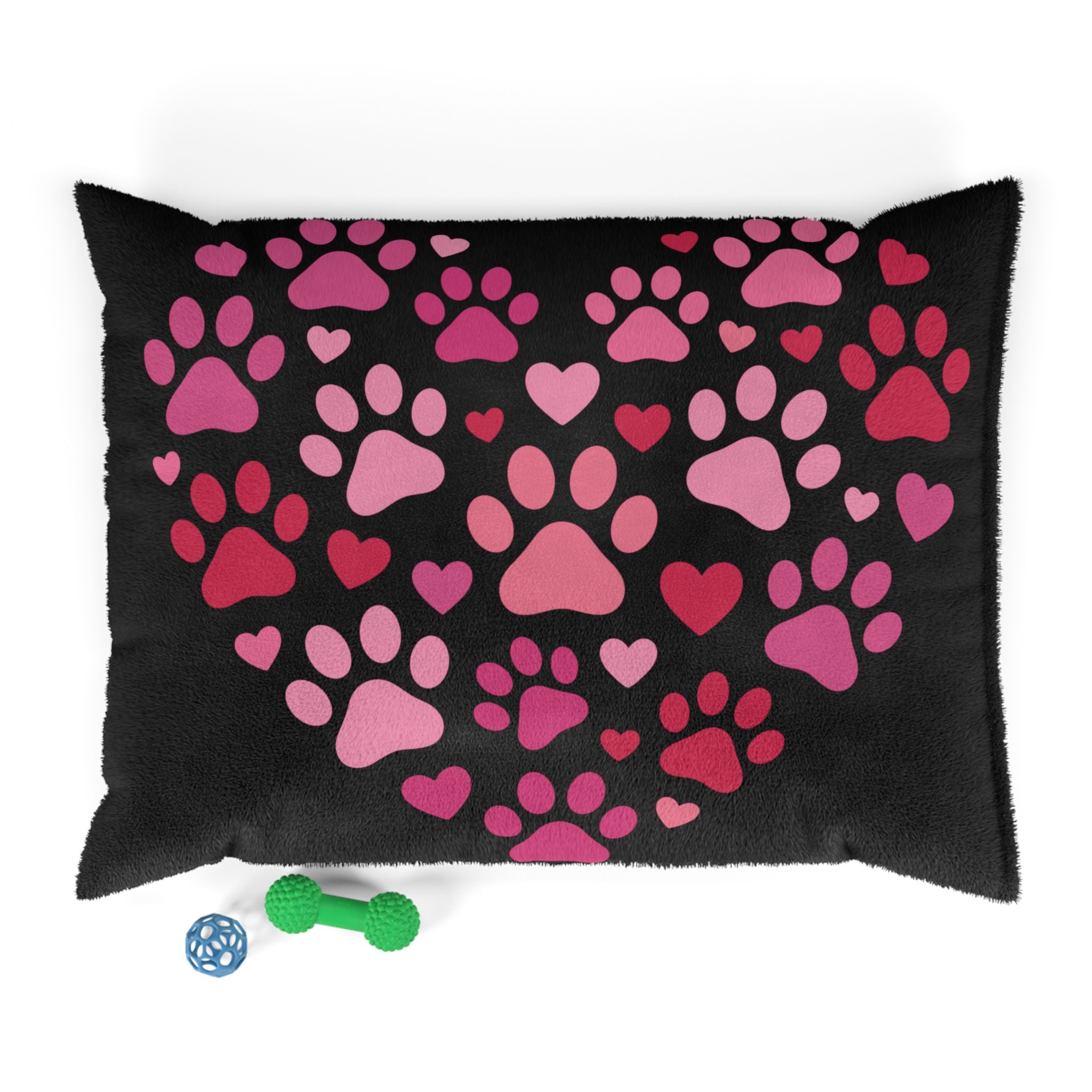 Heart Paw Pet Bed — Cozy Black Plush Dog & Cat Cushion with Pink Paw Print Design