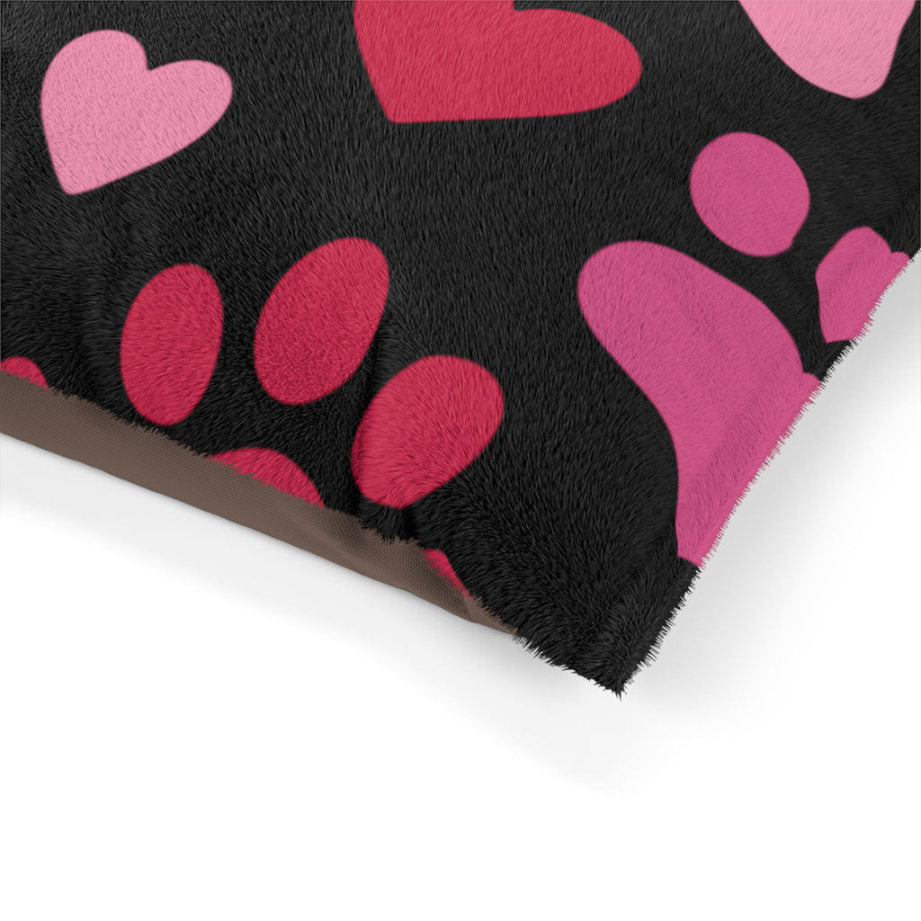 Heart Paw Pet Bed — Cozy Black Plush Dog & Cat Cushion with Pink Paw Print Design