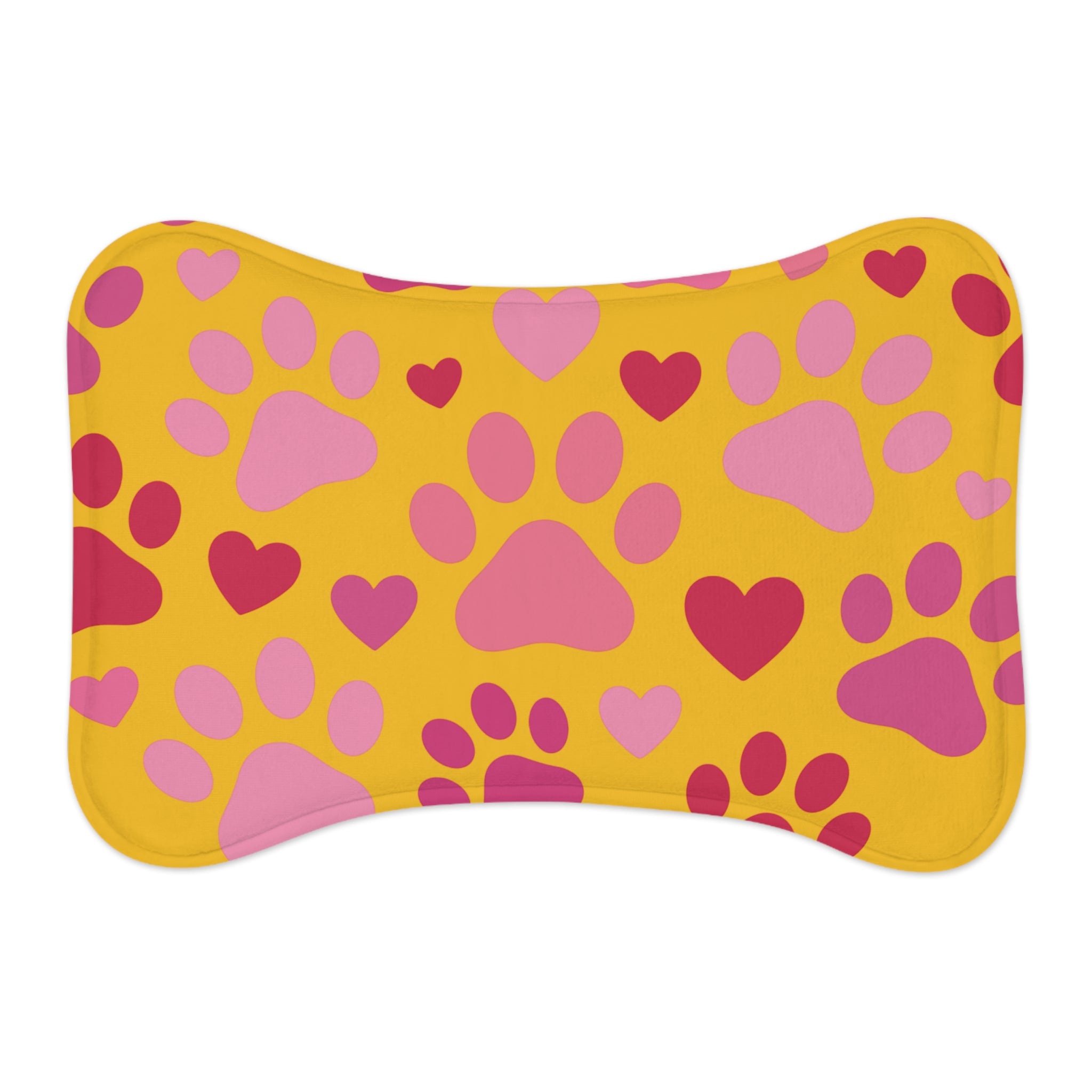 Heart Paw Pet Feeding Mat — Pink Valentine on yellow, Placemat for Dogs & Cats