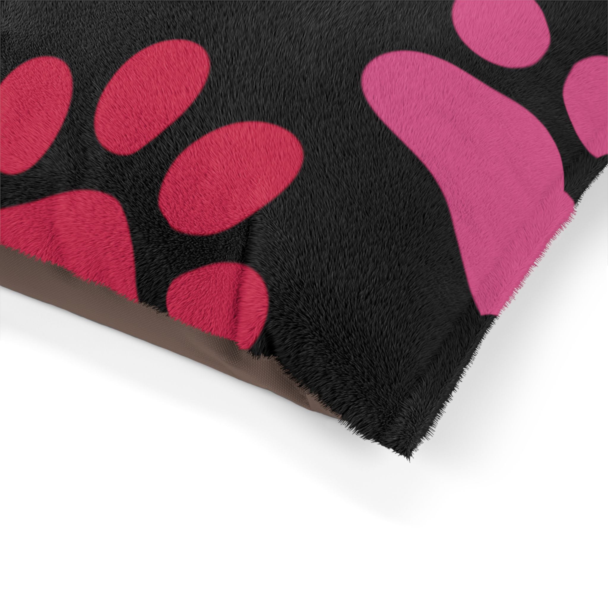 Heart Paw Pet Bed — Cozy Black Plush Dog & Cat Cushion with Pink Paw Print Design