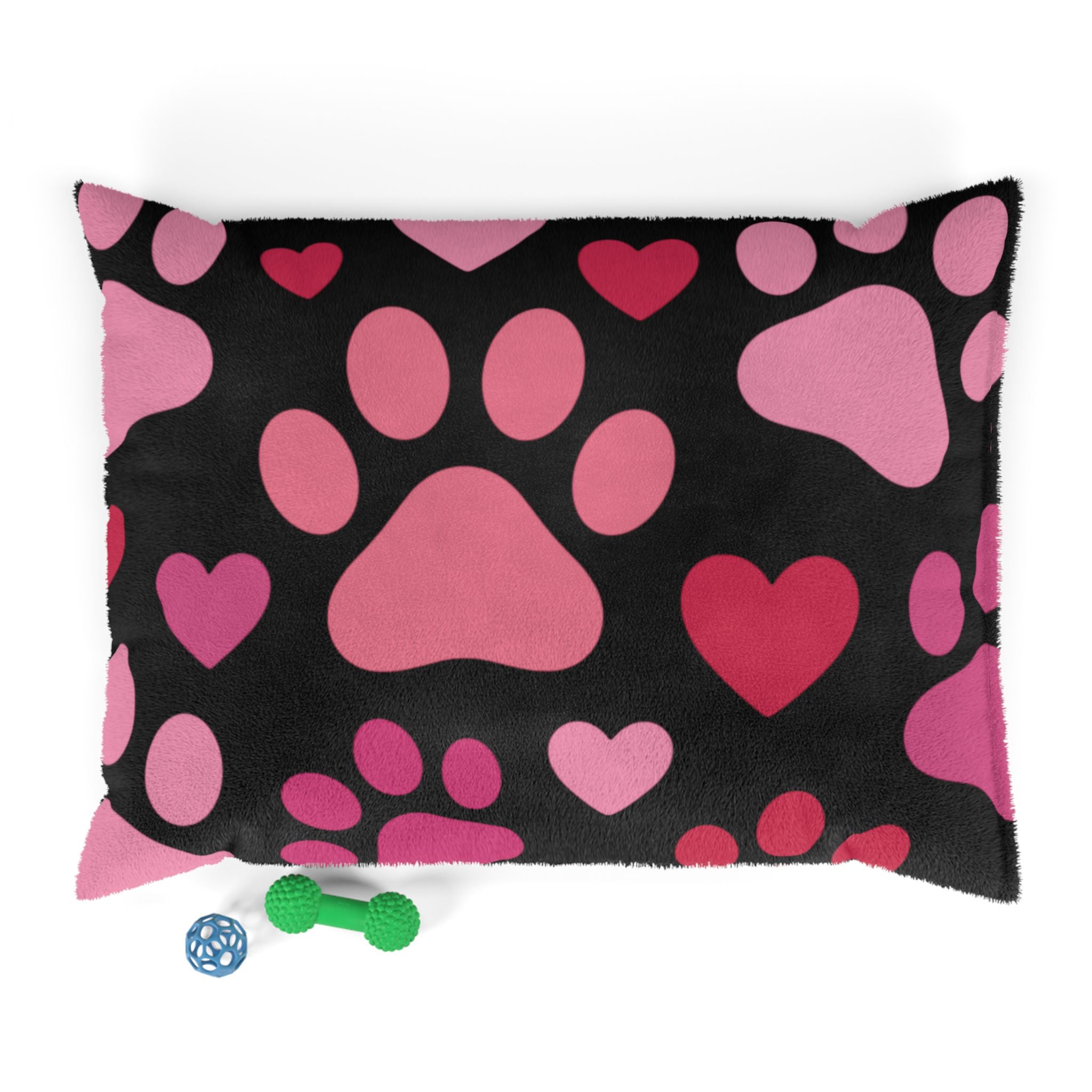Heart Paw Pet Bed — Cozy Black Plush Dog & Cat Cushion with Pink Paw Print Design