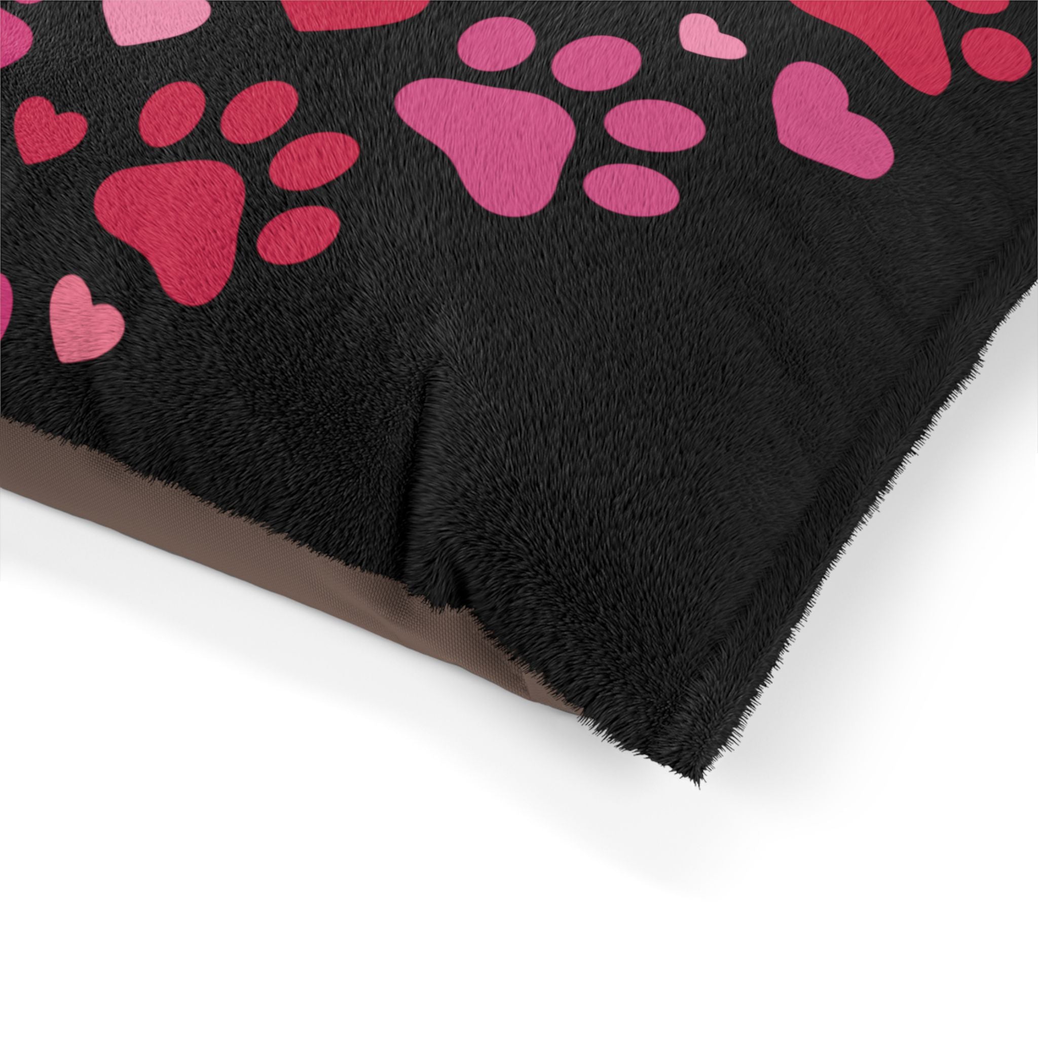 Heart Paw Pet Bed — Cozy Black Plush Dog & Cat Cushion with Pink Paw Print Design